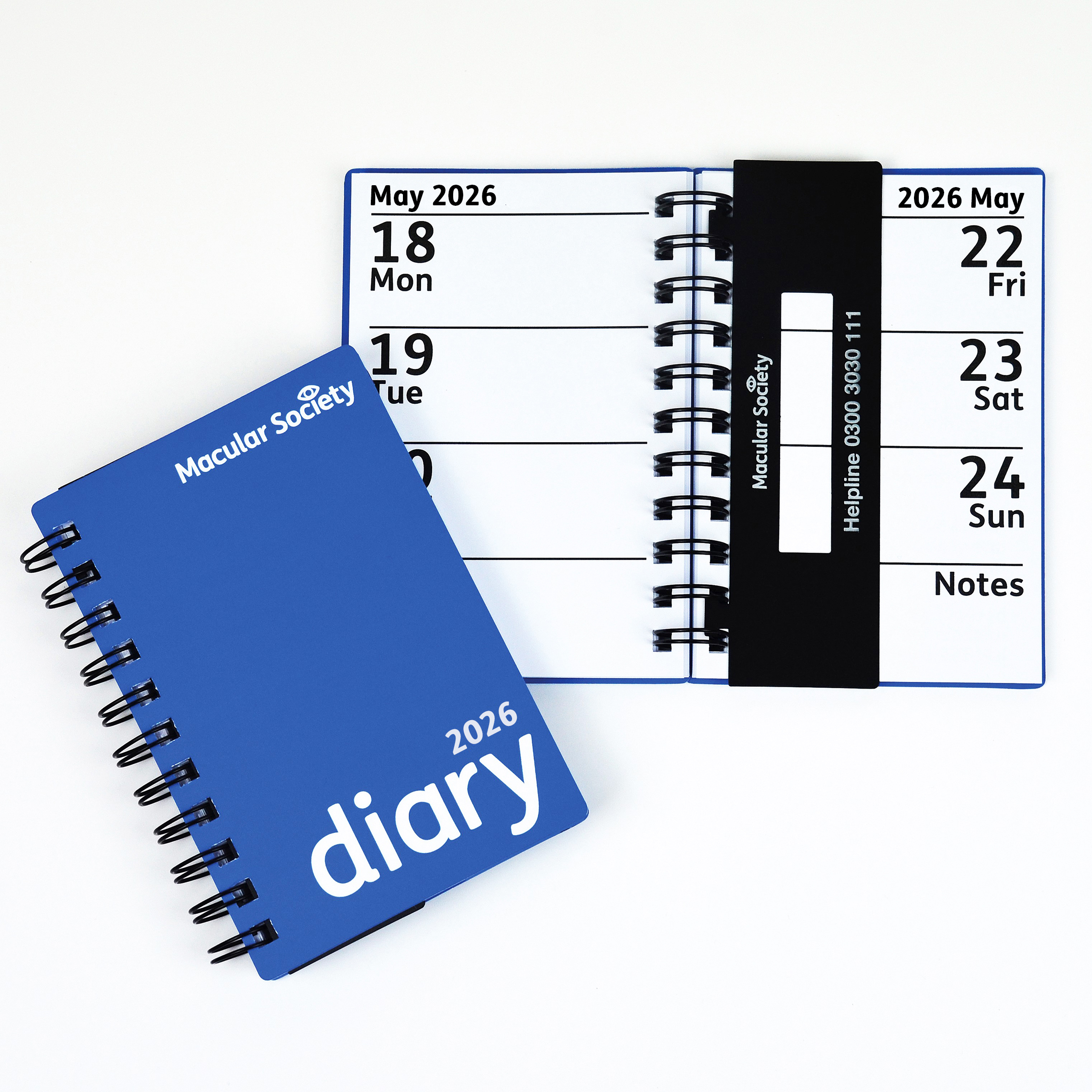 2026 Macular Society blue diary open and front cover