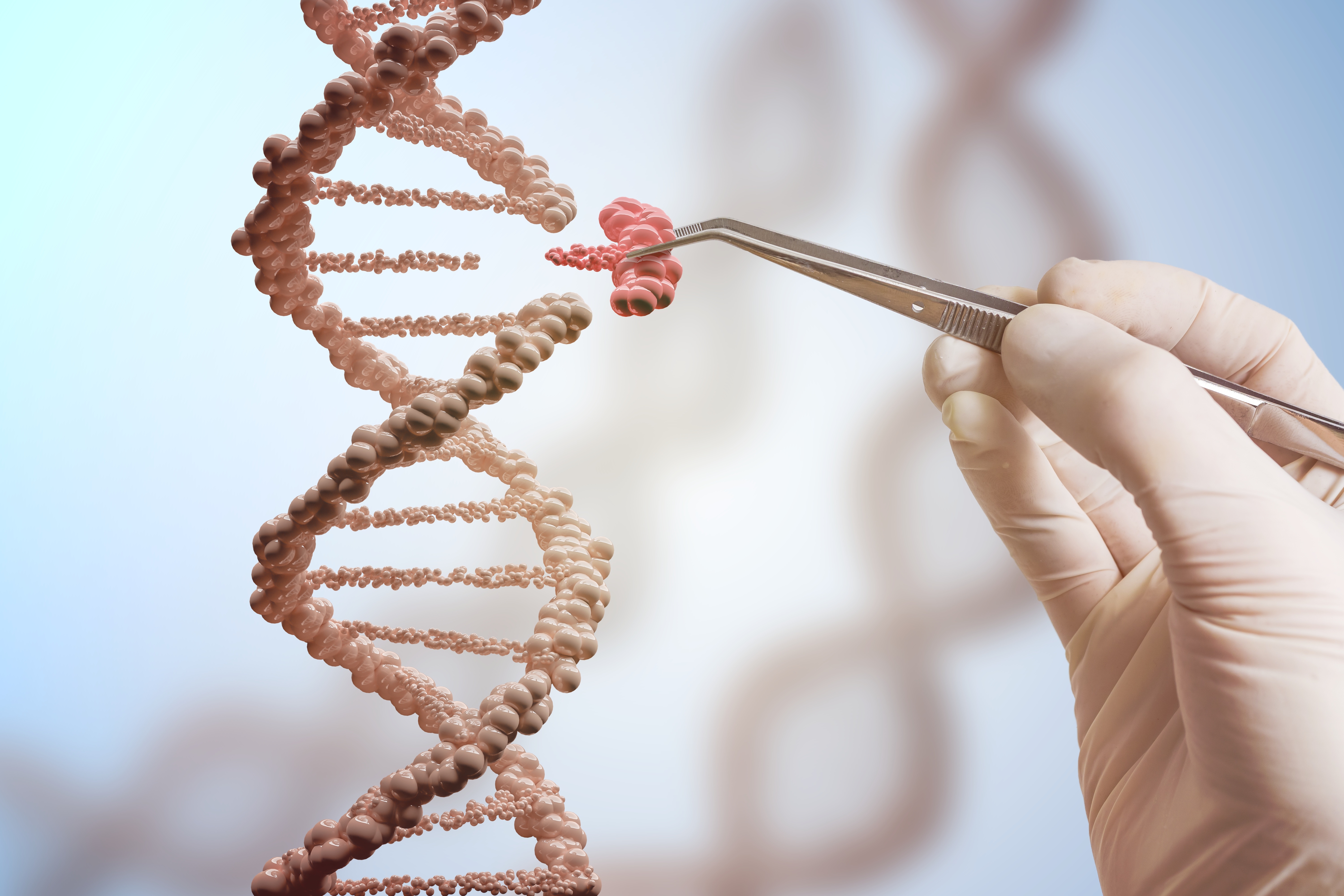 DNA molecules with person holding tweezers