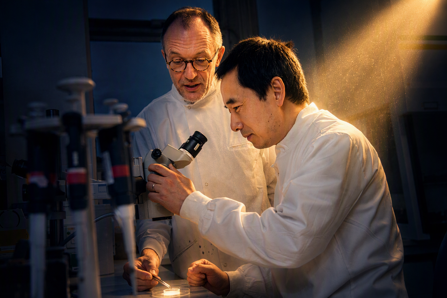 Researchers in the lab with light on them